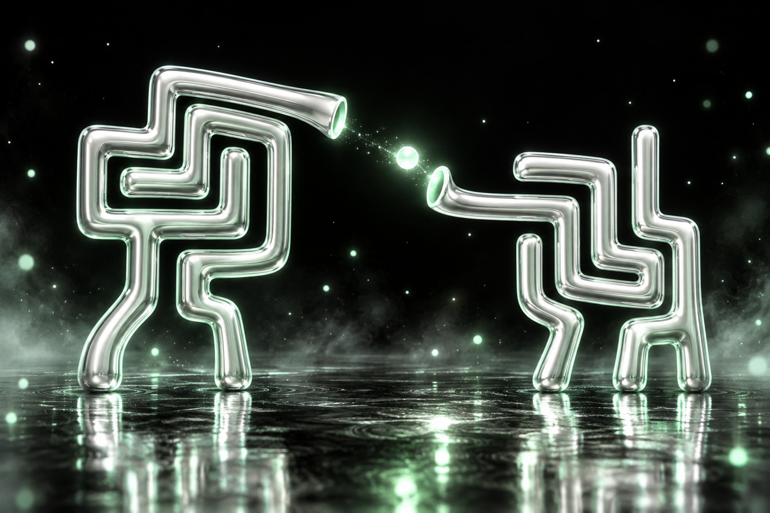 Two chrome labyrinth beings exchanging a luminous signal